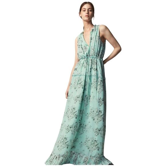 Massimo Dutti Mint Green Floral Ruffle Tiered Neck Sleeveless Maxi Dress - Picture 1 of 11